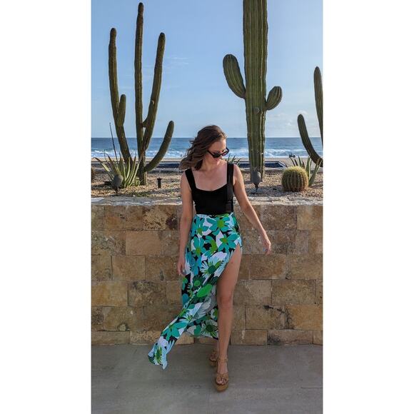 AFRM Electric Green Floral Print 70s Psychedelic High Waist A-Line Deren SkirtXS - Picture 7 of 16